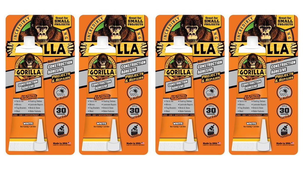 Gorilla Heavy Duty Construction Adhesive, 2.5 ounce Squeeze Tube, White, (Pack of 4)