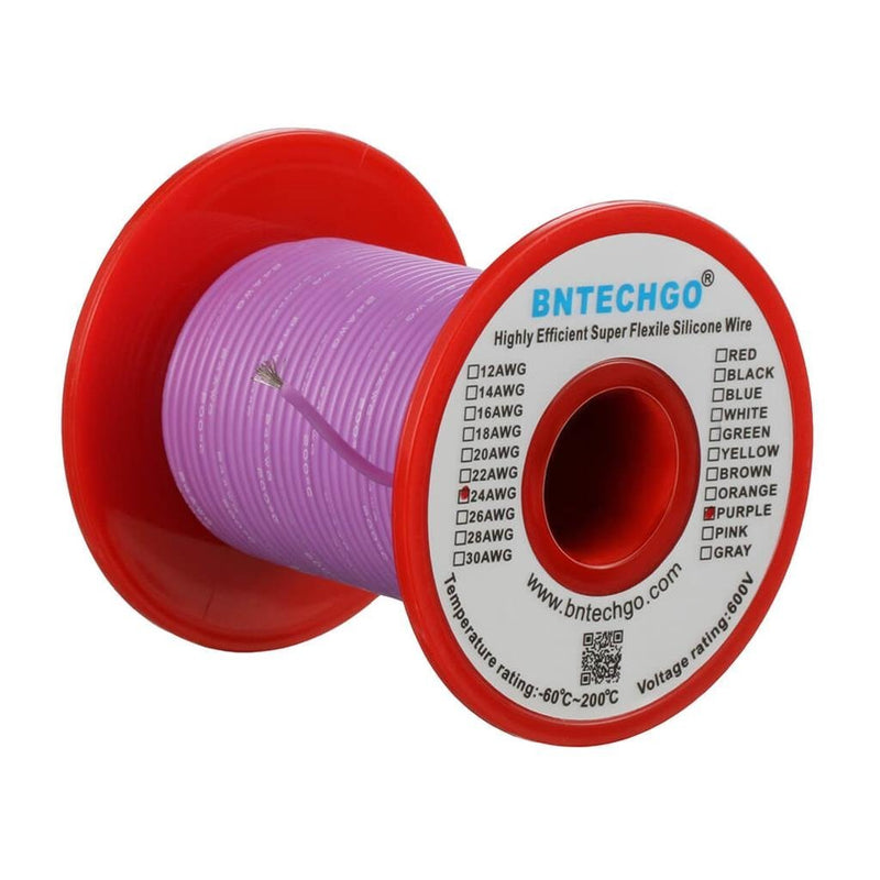 BNTECHGO 24 Gauge Silicone wire spool 100 ft Purple Flexible 24 AWG Stranded Tinned Copper Wire silicone wire 100ft silicone wire purple