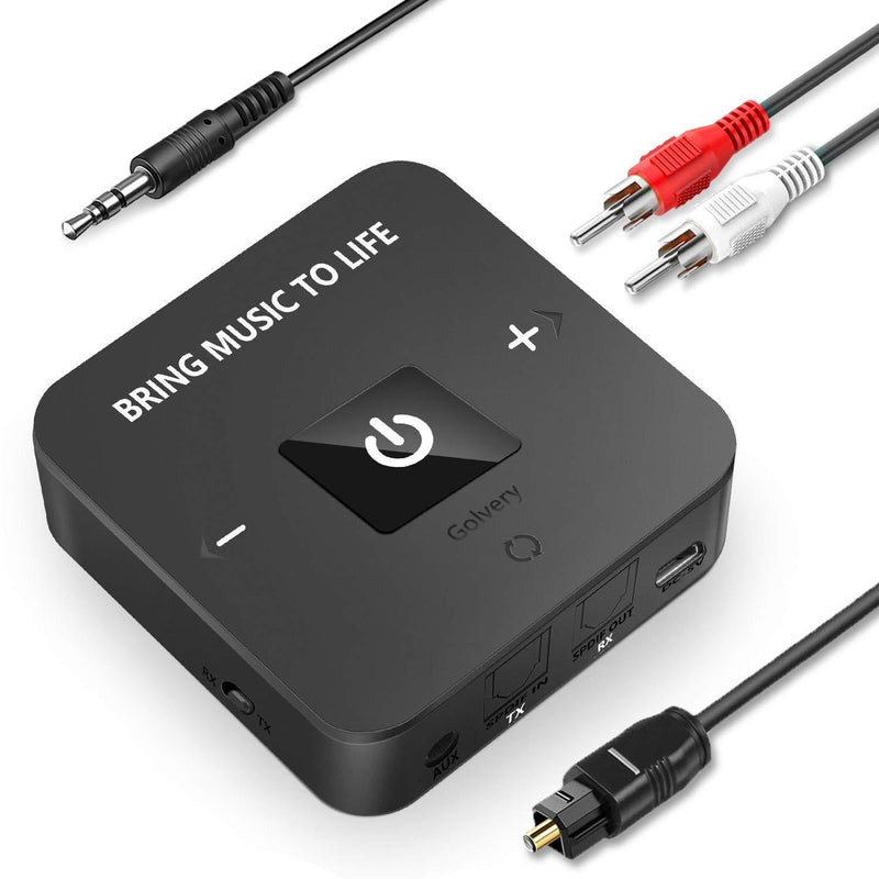 Golvery Bluetooth V5.0 Transmitter and Receiver with Optical TOSLINK & 3.5mm Jack Wireless Audio Adapter for TV Headphones Speaker Car Stereo - aptX Low Latency for HiFi Sound 25 Hours Playtime Dark Black
