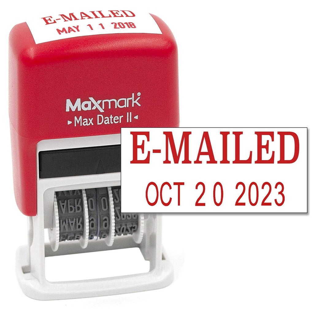 MaxMark Self-Inking Rubber Date Office Stamp with E-MAILED Phrase & Date - RED Ink (Max Dater II), 12-Year Band