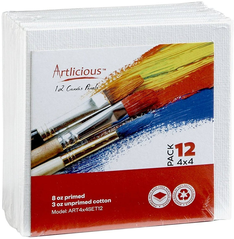Artlicious Canvases for Painting - Pack of 12, 4 x 4 Inch Blank White Canvas Boards - 100% Cotton Art Panels for Oil, Acrylic & Watercolor Paint 4x4