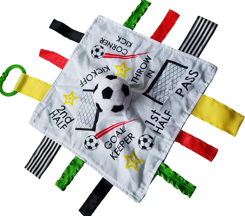 Baby Soccer Toy, Educational & Teething Closed Ribbon Tag Lovey Blanket with Security Plush: 10"X10" (Soccer Futbol)