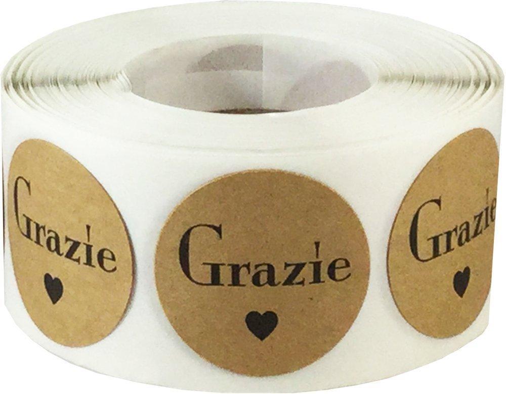 Grazie Italian Thank You Natural Kraft Adhesive Stickers 1 Inch Round Circle Dots 500 Labels Per Roll