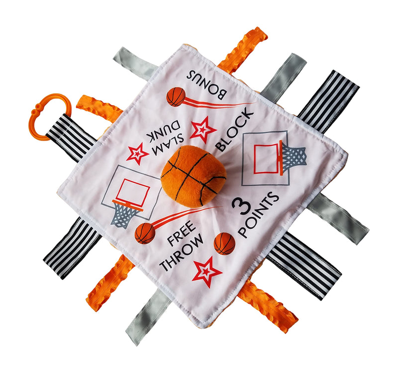 10x10 Basketball Plush ABC 123 Educational with Ribbon Tabs Baby Tag Security Blanket for Nursery to Teach Baby BASKETBALL 10X10 PLUSH