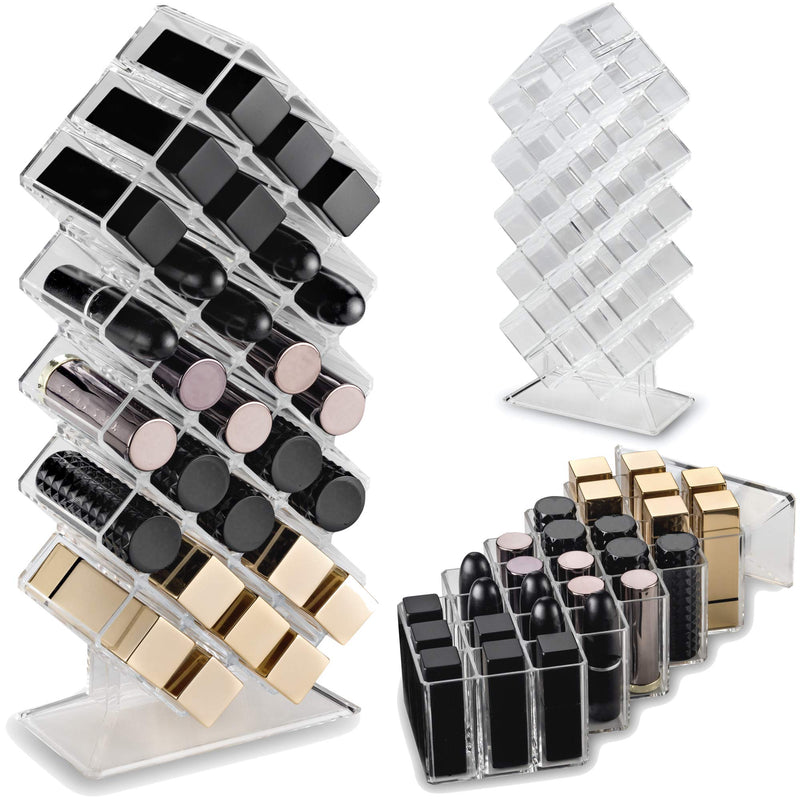 byAlegory Acrylic Lipstick Makeup Organizer | 28 Space Cosmetic Storage Designed To Stand, Lay Flat or Stack (CLEAR) 28 Space Tower Clear