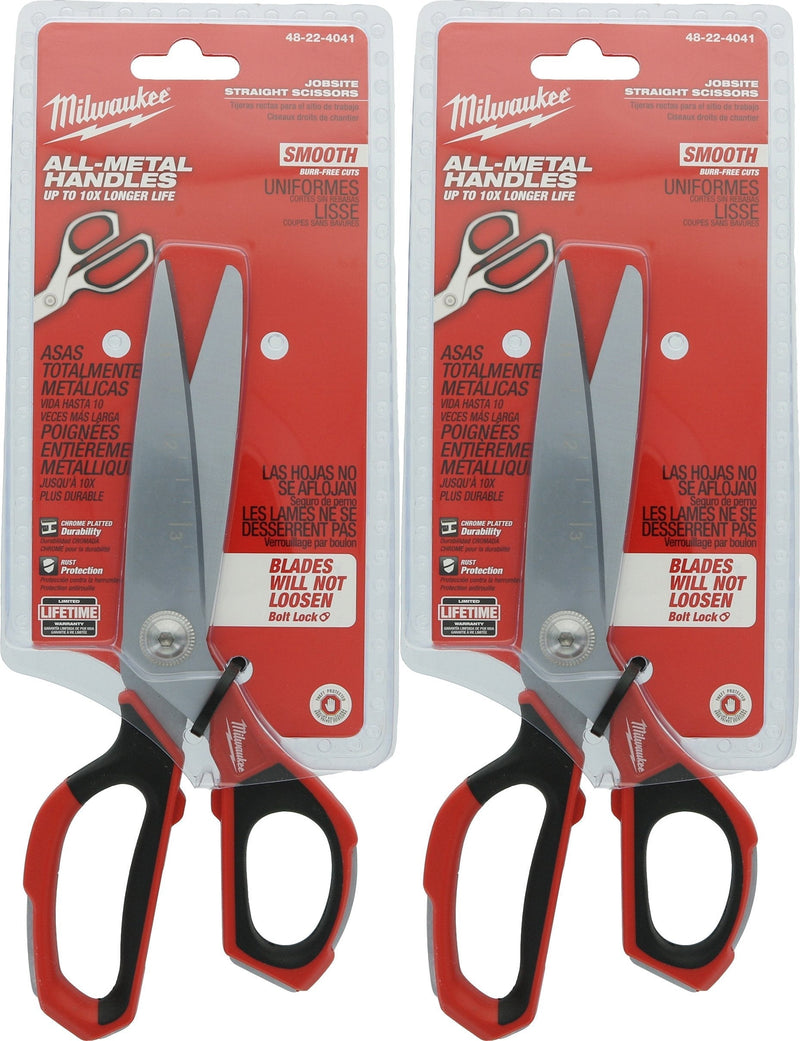 Milwaukee 48-22-4041 Iron Carbide Core Large-Looped Straight Jobsite Scissors w/ Onboard Ruler Markings and Index Finger Groove (2 Pack)
