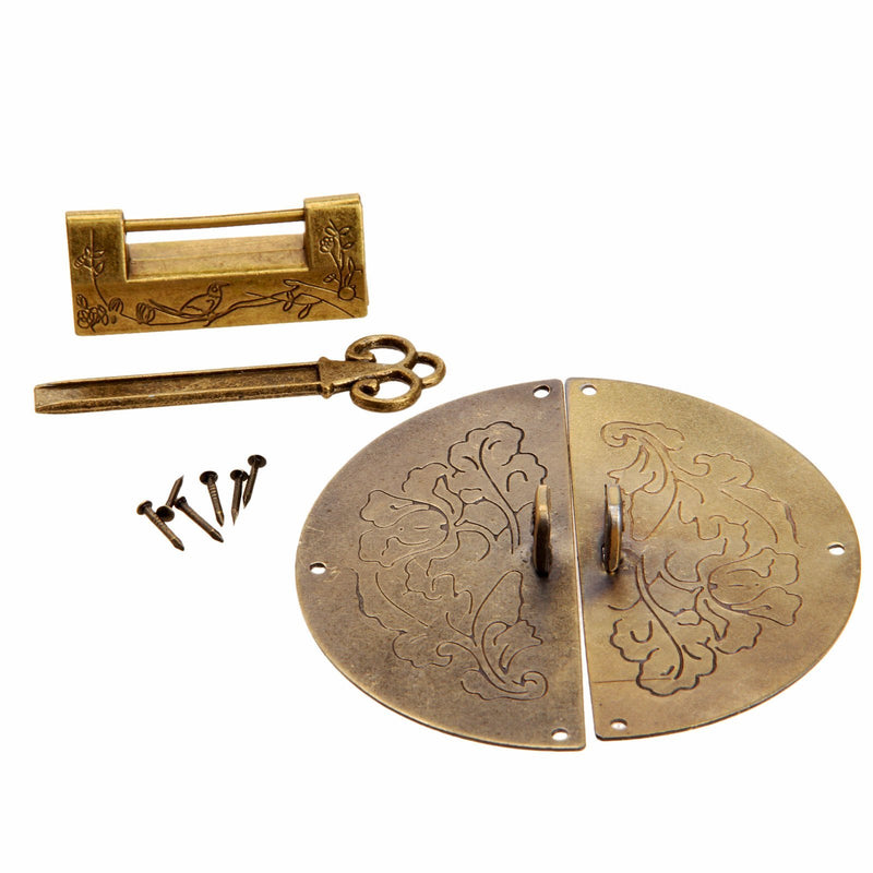 Dophee Old Style Chinese Carved Lock with Key & Pull Handle & Screws for Cabinet Jewelry Box Gift Box