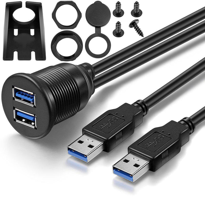 2 Ports Dual USB 3.0 Male to USB 3.0 Female AUX Flush Mount Car Mount Extension Cable for Car Truck Boat Motorcycle Dashboard Panel -(3 Feet)
