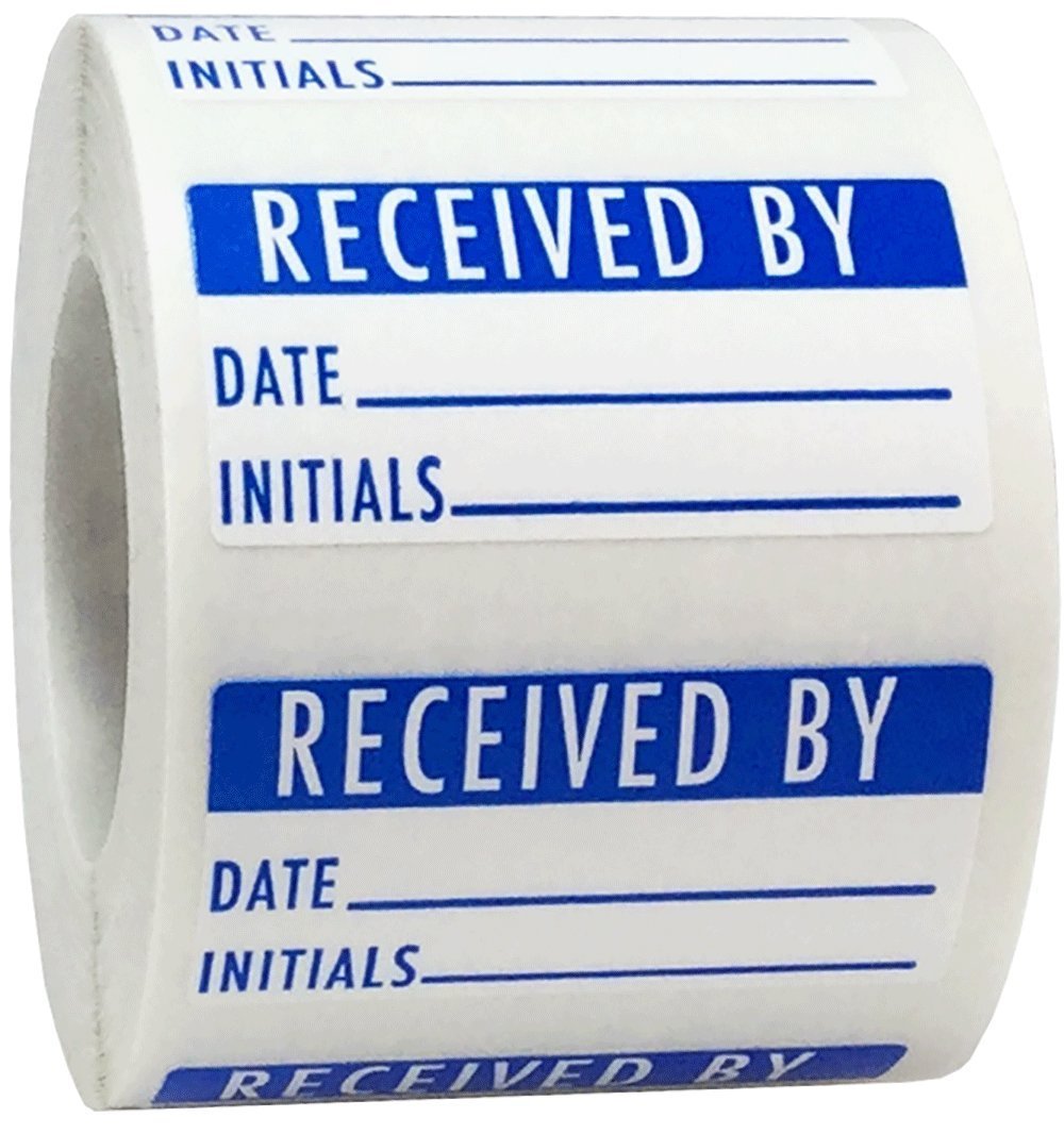 White and Blue Received by Labels, 3/4 x 1 1/2 Inch in Size, 500 Adhesive Stickers on a Roll