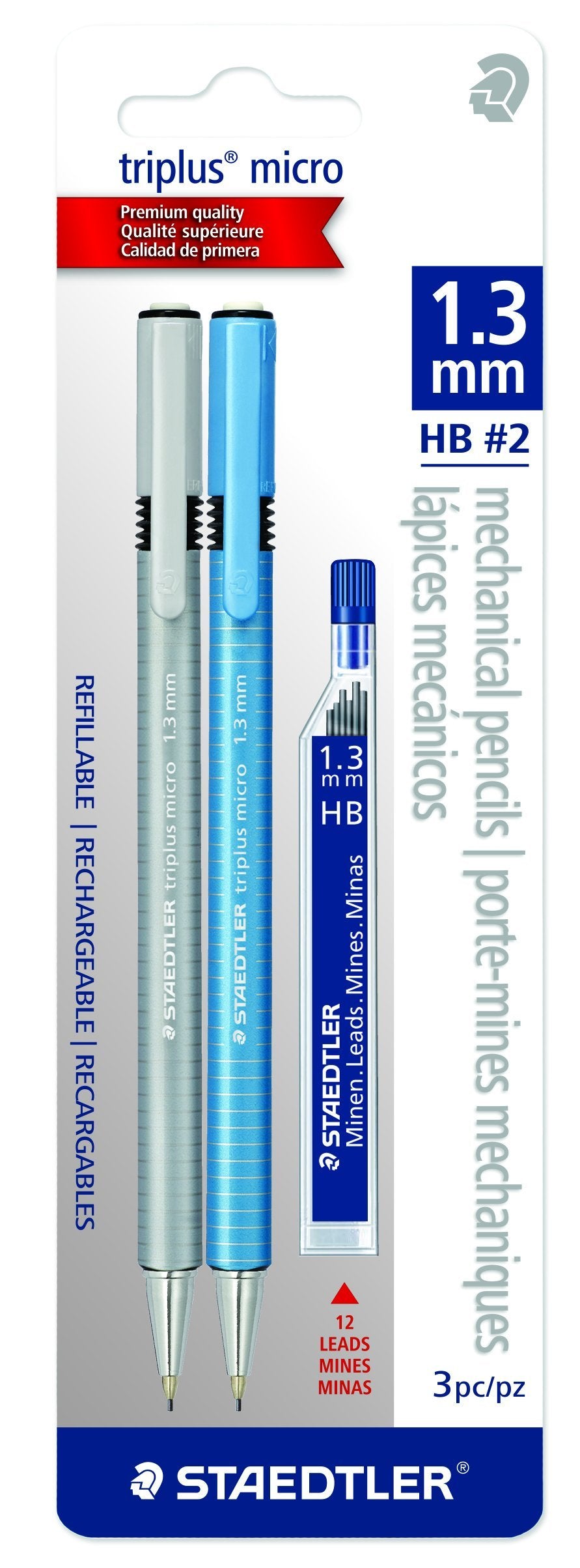 Staedtler triplus micro 1.3mm Lead Retractable Mechanical Pencil with Twist Eraser, 6 refills, 2-Pack, 77413SBKA6, Model: 77413SBKA6ST