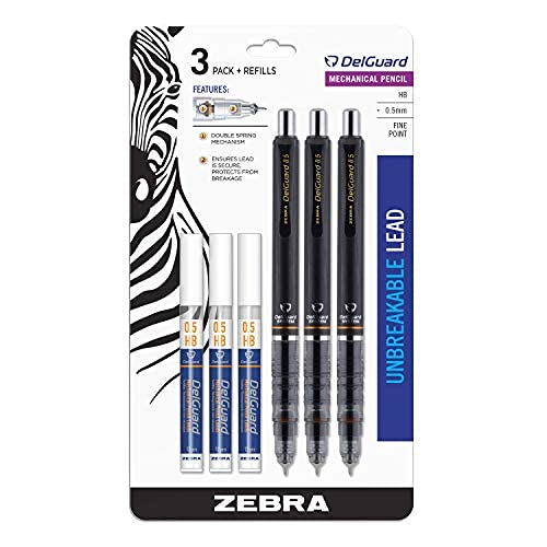 Zebra Pen DelGuard Mechanical Pencil with Lead Refill, Fine Point, 0.5mm, Black Barrel, Refillable, 3-Pack (10613) Black/Black/Black