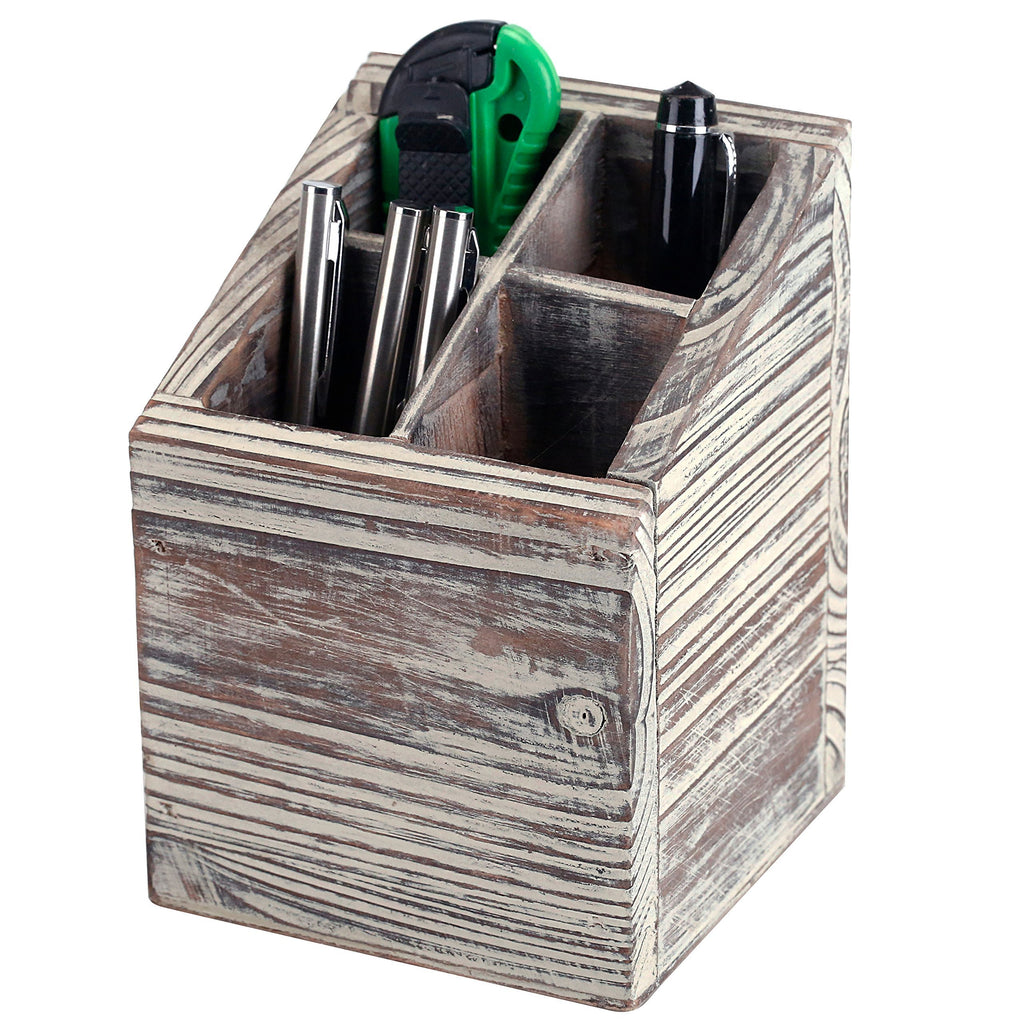 MyGift Rustic Torched Wood 4 Slot Pen Pencil Holder, Square Desktop Office Supply Storage Box