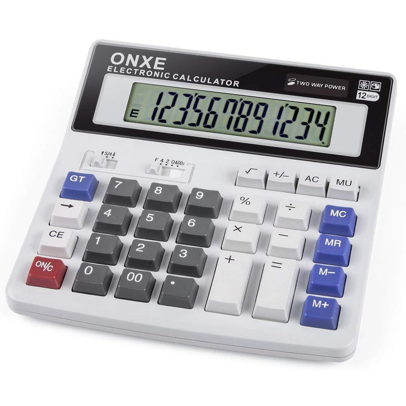 Calculator, ONXE Standard Function Scientific Electronics Desktop Calculators, Dual Power, Big Button 12 Digit Large LCD Display, Handheld for Daily and Basic Office (White)