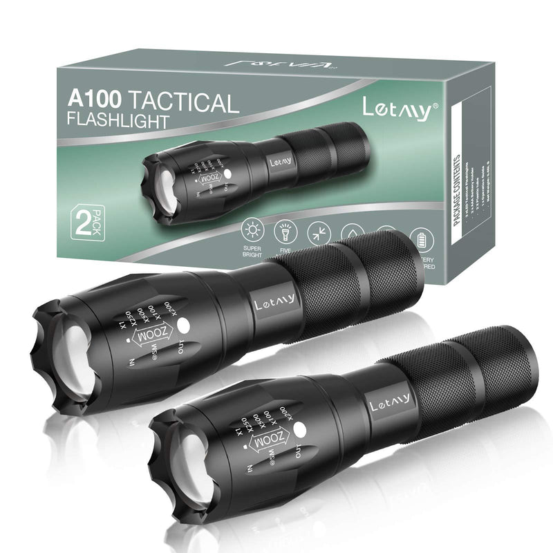 LETMY LED Tactical Flashlight 2 Pack, Ultra Bright Military Grade XML T6 High Lumens Flashlights, Portable Handheld Flash Lights with 5 Modes, Zoomable, Waterproof for Camping Outdoor Emergency