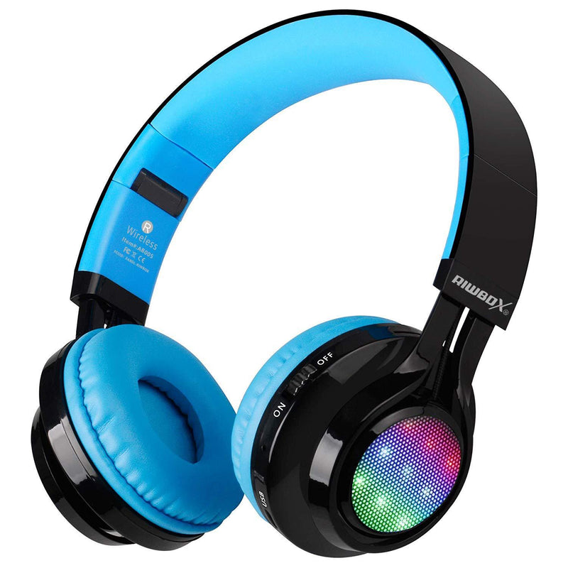 Bluetooth Headset, Riwbox AB005 Wireless Headphones 5.0 with Microphone Foldable Headphones with TF Card FM Radio and LED Light for Cellphones and All Bluetooth Enabled Devices (Black&Blue) Black, Blue