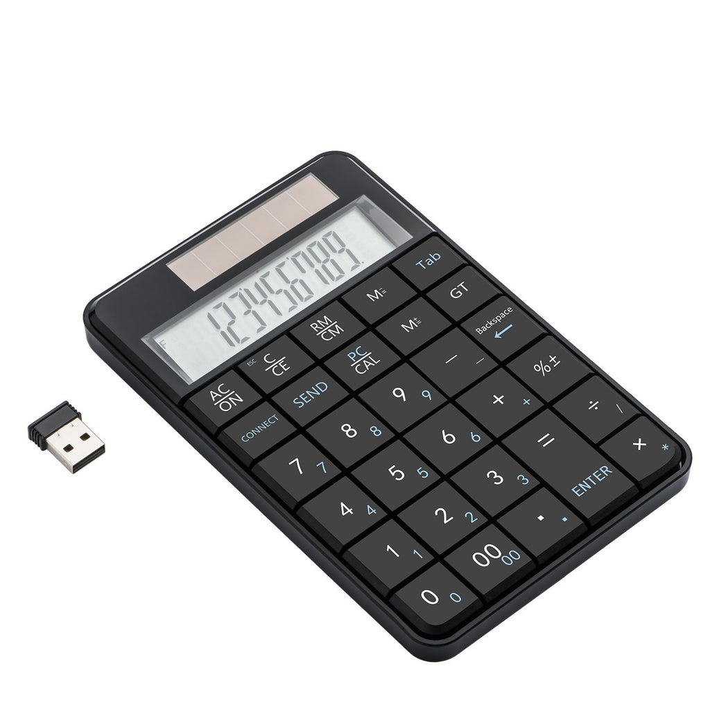 I Focus 2 in 1 Wireless Numeric Keypad with Calculator Function, USB Financial Accounting Numpad Solar Power 29 Keys Number Pad for Laptop Desktop PC Windows XP