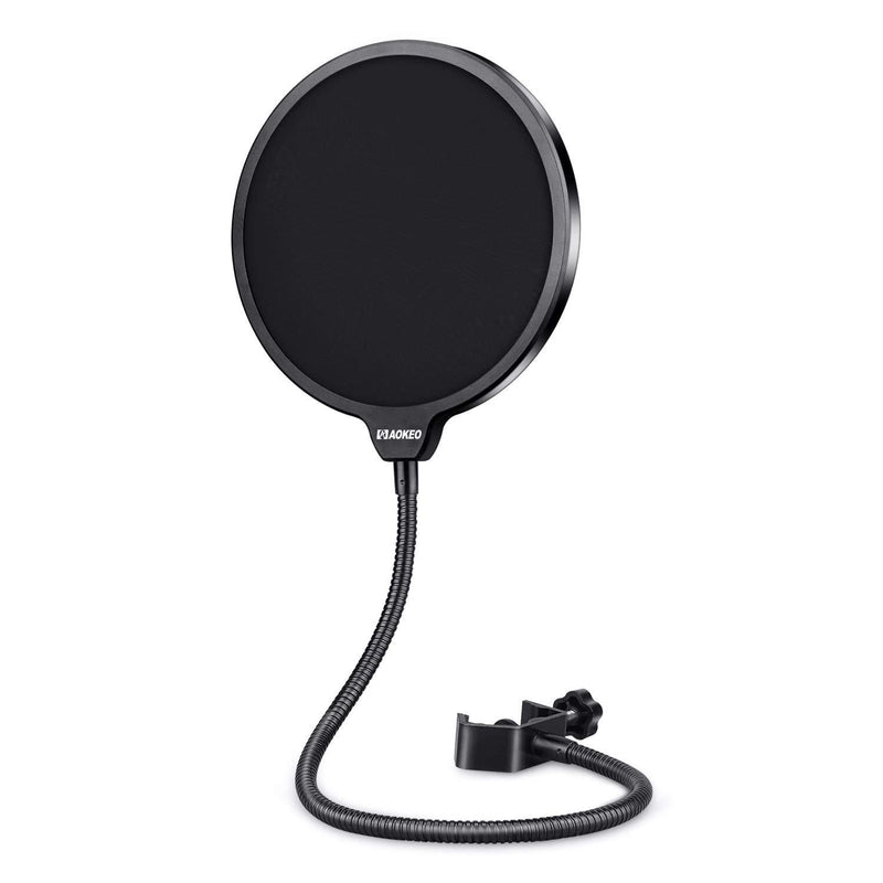 aokeo Professional Microphone Pop Filter Mask Shield For Blue Yeti and Any Other Microphone, Mic Dual Layered Wind Pop Screen With A Flexible 360° Gooseneck Clip Stabilizing Arm