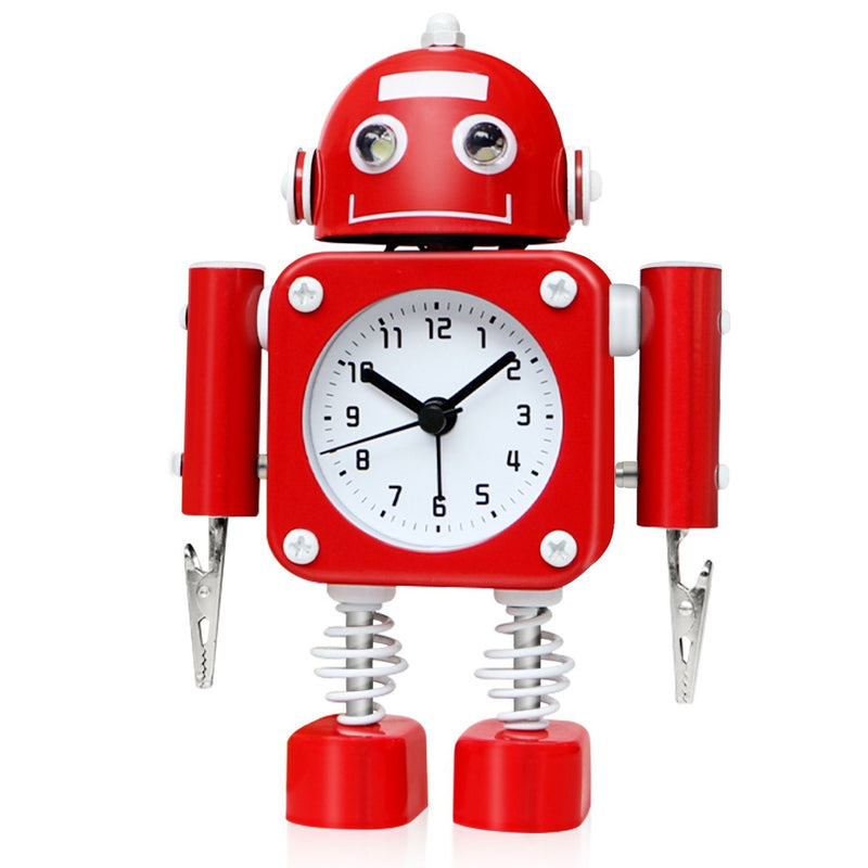 Betus Non-Ticking Robot Alarm Clock Stainless Metal - Wake-up Clock with Flashing Eye Lights and Hand Clip (Ruby Red) Ruby Red