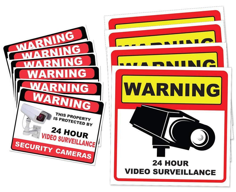 Video Surveillance Camera Sticker Sign - 10 Pack Decal - Home Business Alarm System Stickers - (4)5½" x 5½" & (6)3" x 4" - Adhesive Under 24 Hours Security Warning Signs - Robbery & Theft Prevention