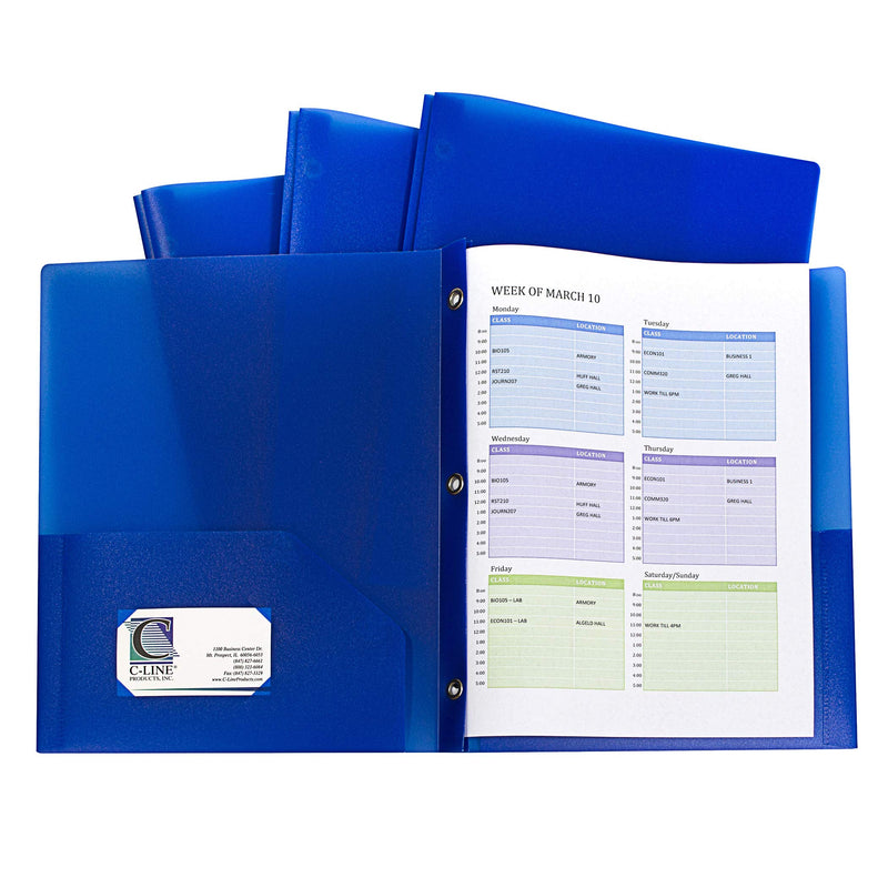 C-Line Two-Pocket Heavyweight Poly Portfolio with Prongs, for Letter Size Papers, Includes Business Card Slot, Blue, 10 Pack (32965)