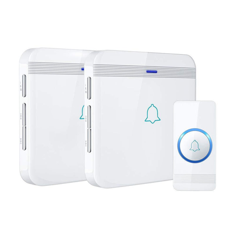 Wireless Doorbell, AVANTEK D-3W Waterproof Door Chime Kit Operating at Over 1300 Feet with 2 Plug-In Receivers, 52 Melodies, CD Quality Sound and LED Flash 2 Receivers + 1 Button White
