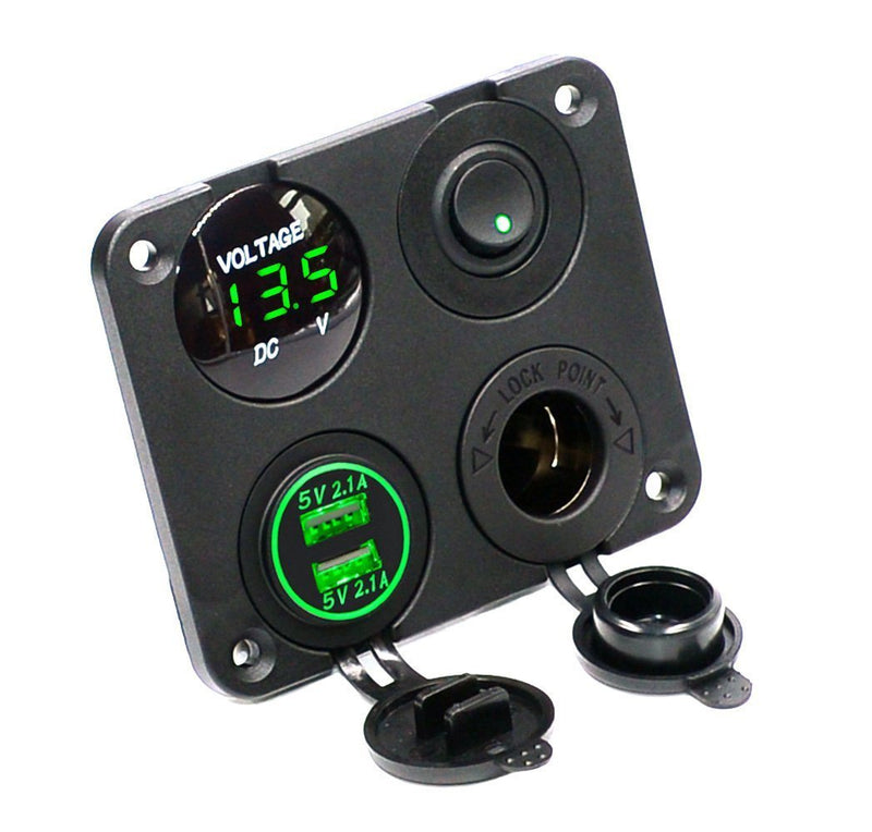 Cllena Dual USB Socket Charger 2.1A&2.1A + LED Voltmeter + 12V Power Outlet + ON-Off Toggle Switch Four Functions Panel for Car Boat Marine RV Truck Camper Vehicles GPS Mobiles (Green) Multi-Functions Panel - Green