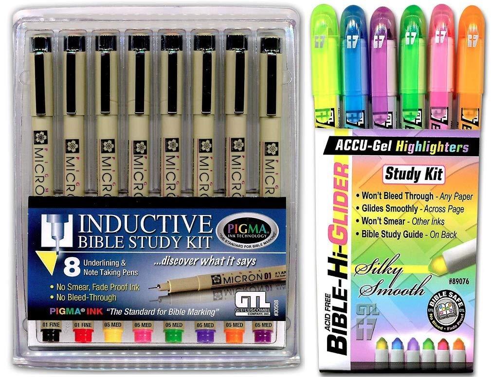 G.T. Luscombe Company, Inc. Accu-Gel Bible Highlighter Study Set (Set of 6) + Pigma Micron 01 Fine & 05 Medium Point Inductive Bible Study Pen Kit (Set of 8) Bundle | No Bleed Pigmented Ink | No Smearing or Fading | New Packaging |