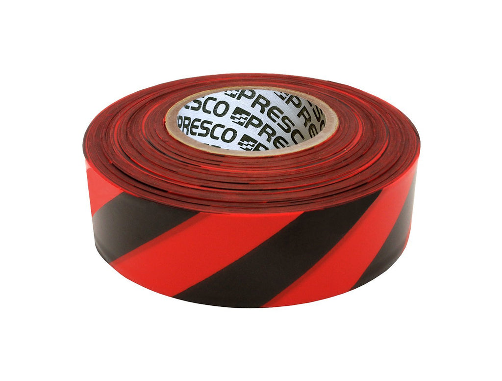 Presco SRBK 1-3/16" x 300' Red/Black Stripe PVC Flagging Tape, 3.75" Height, 1.18" Wide, 3.75" Length