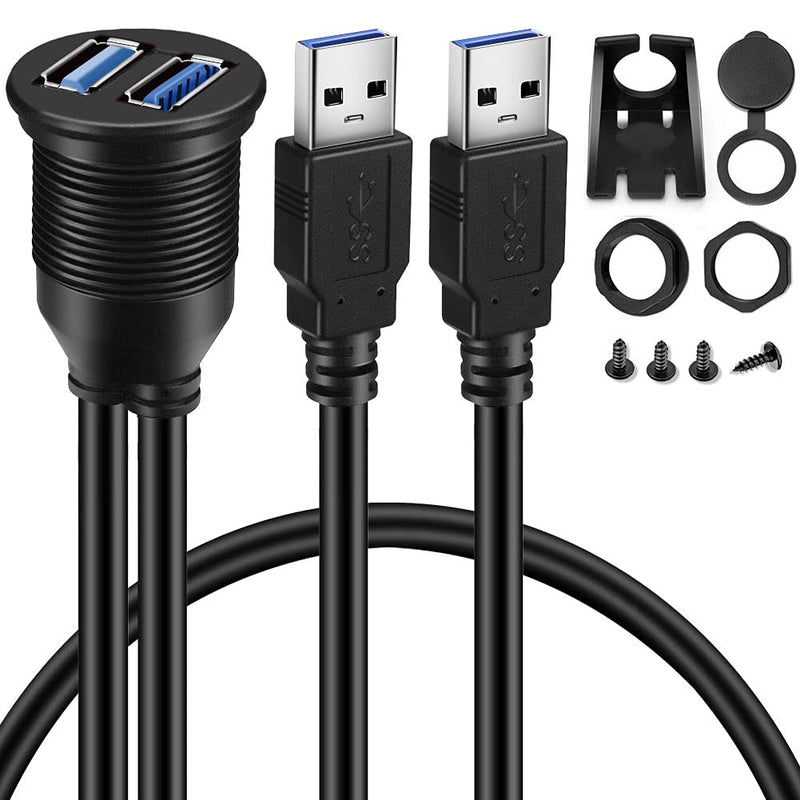 BATIGE 2 Ports Dual USB 3.0 Male to USB 3.0 Female AUX Flush Mount Car Mount Extension Cable for Car Truck Boat Motorcycle Dashboard Panel -3ft Dual Port