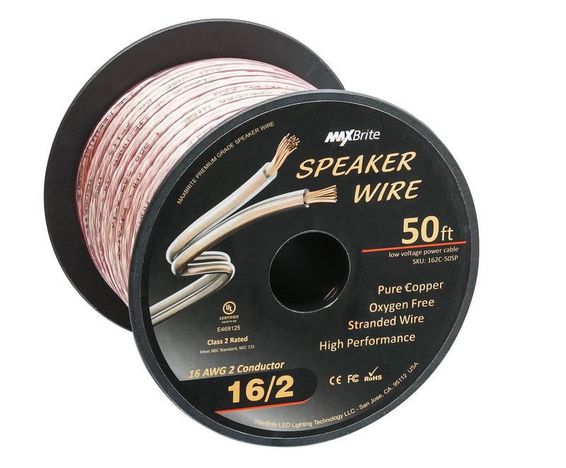 High Performance 16 Gauge Speaker Wire, Oxygen Free Pure Copper - UL Listed Class 2 (50 Feet Spool) 50ft. Spool