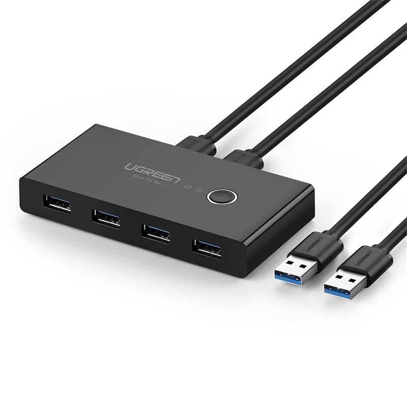 UGREEN USB 3.0 Switch Selector 4 Port 2 Computers Peripheral Switcher Adapter Hub for PC Printer Scanner Mouse Keyboard with One Button Switch and 2 Pack USB Male Cable