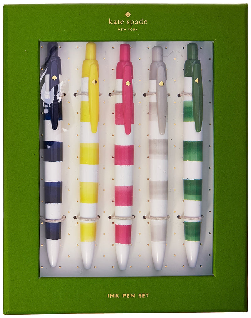 Kate Spade New York Black Ink Pen Set of 5, Smooth Plastic Click Pens, Rugby Stripe