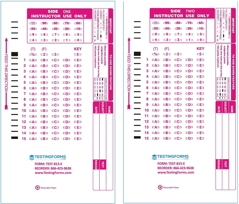 TEST-815E Double Sided 815 E 15 Question Compatible Testing Forms (100 Sheet Pack) 100 Pack TEST-815E