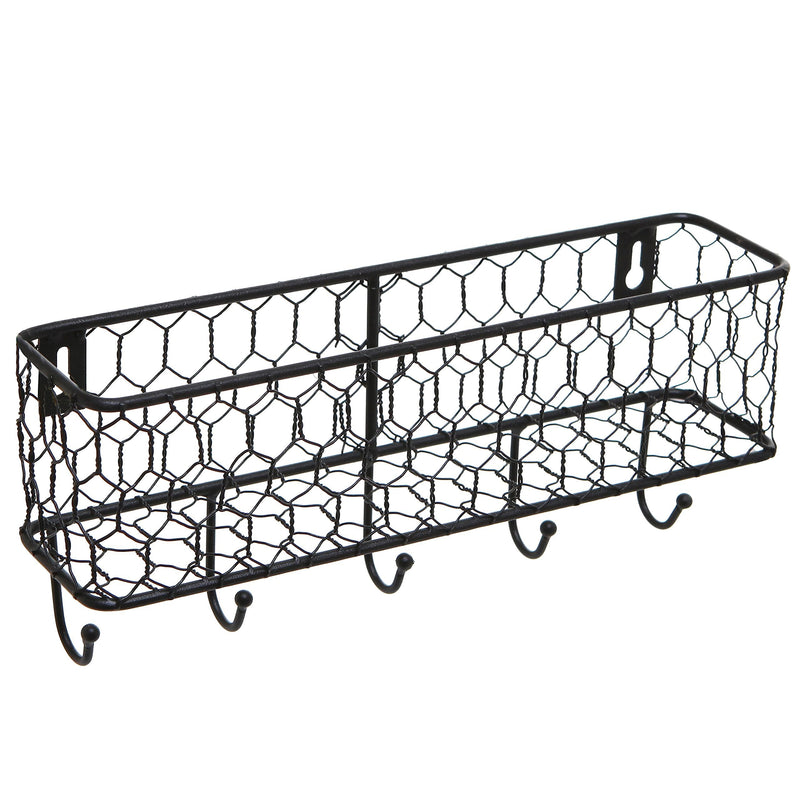 Modern Black Metal Wall Mounted Key and Mail Sorter Storage Rack w/Chicken Wire Mesh Basket