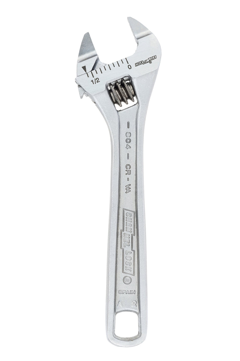 CHANNELLOCK 804S 4-inch Extra Slim Jaw Adjustable Wrench | .51-inch Wide Mouth Jaw Capacity | Precise Jaw Design Grips in Tight Spaces | Measurement Scales for Easy Sizing Diameters