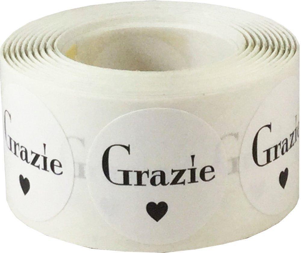 Grazie Italian Thank You White Adhesive Stickers 1 Inch Round Circle Dots 500 Labels Per Roll