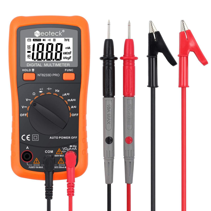 Neoteck Auto Ranging Digital Multimeter AC/DC Voltage Current Ohm Capacitance Frequency Diode Transistor Audible Continuity, Multi Tester with Backlit LCD Orange