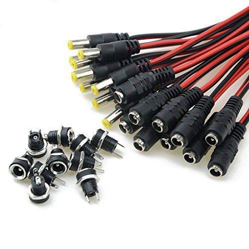 WMYCONGCONG 20pcs DC Power Pigtail Adapter Male & Female for CCTV DVR Camera Lead Plug Pigtail Cable and 10pcs DC Power Jack Socket Female Panel Mount Connector 2.1x5.5mm