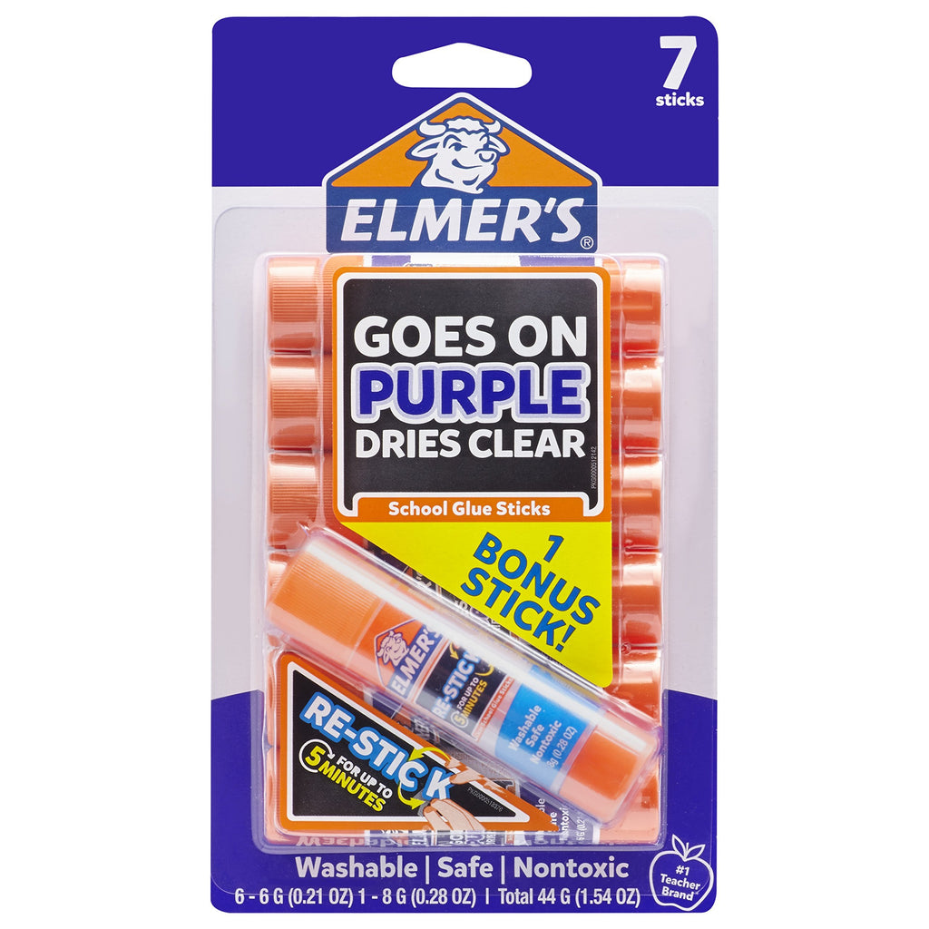 Elmer’s Disappearing Purple Glue Sticks with Bonus Re-Stick Glue Stick, 6 + 1 Pack 0.21 oz 6-Pack Plus 1 Bonus Restick