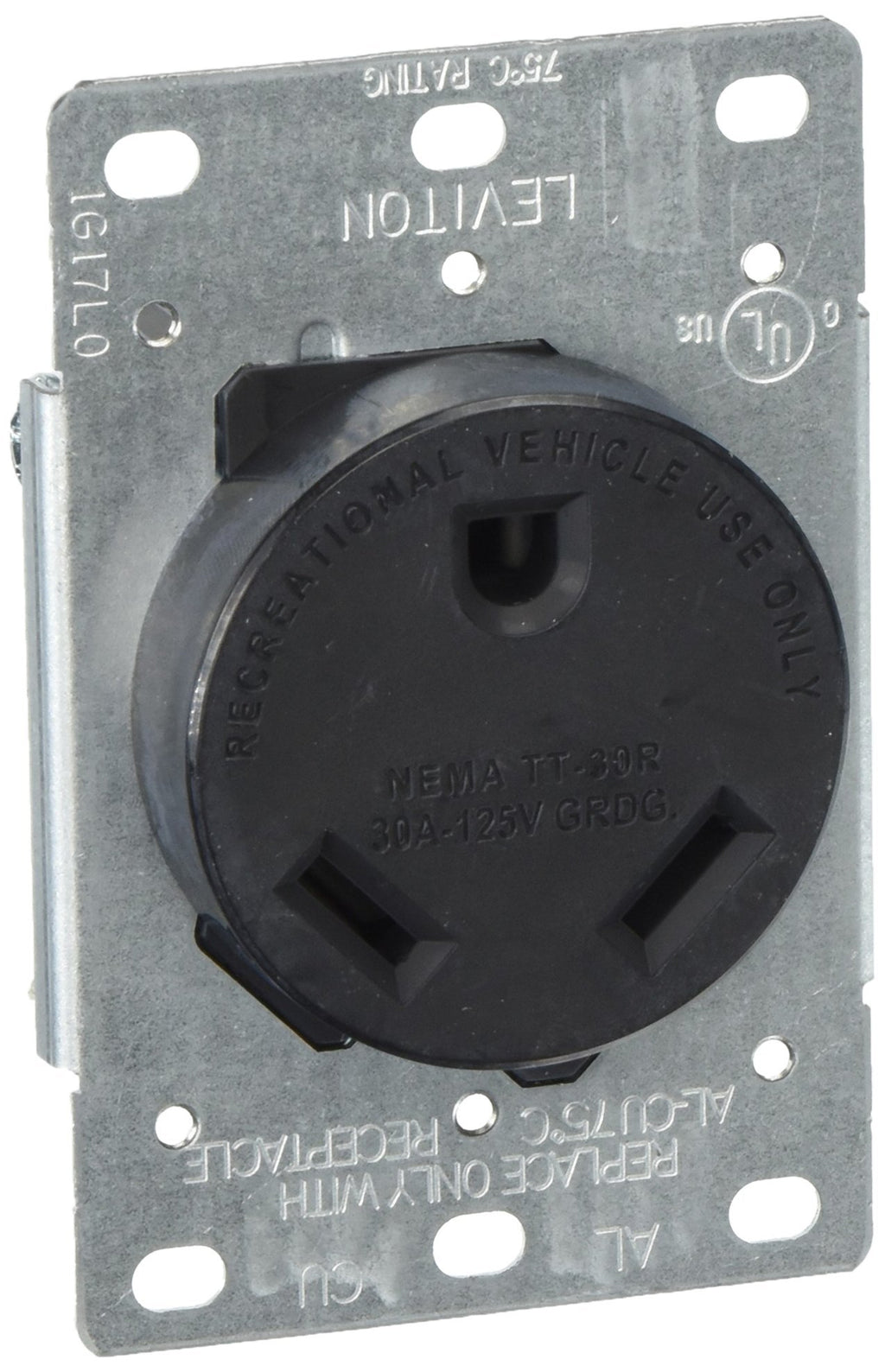 Leviton 7313-S00 30 Amp, 125 Volt, NEMA TT-30R, 2P, 3W, Flush Mtg Receptacle, Straight Blade, Industrial Grade, Grounding Side Wired, Steel Strap-Black