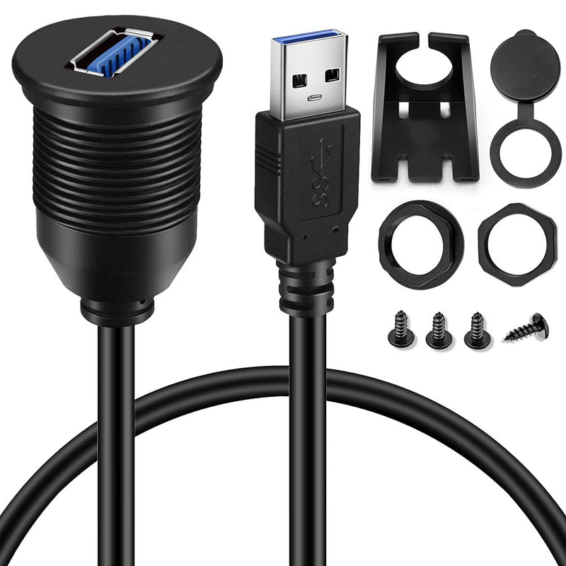 BATIGE Single Port USB 3.0 Male to Female AUX Car Mount Flush Cable Waterproof Extension for Car Truck Boat Motorcycle Dashboard Panel - 3ft