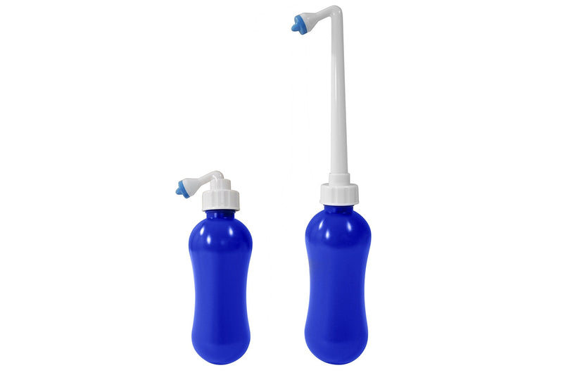 BOSS BIDET MINI perfect for home, travel, post partum. Great pressure, easy to use, high quality. Hot warm cold water. Angled retractable nozzle, discrete bag, compact 12.5 oz 380 ml blue