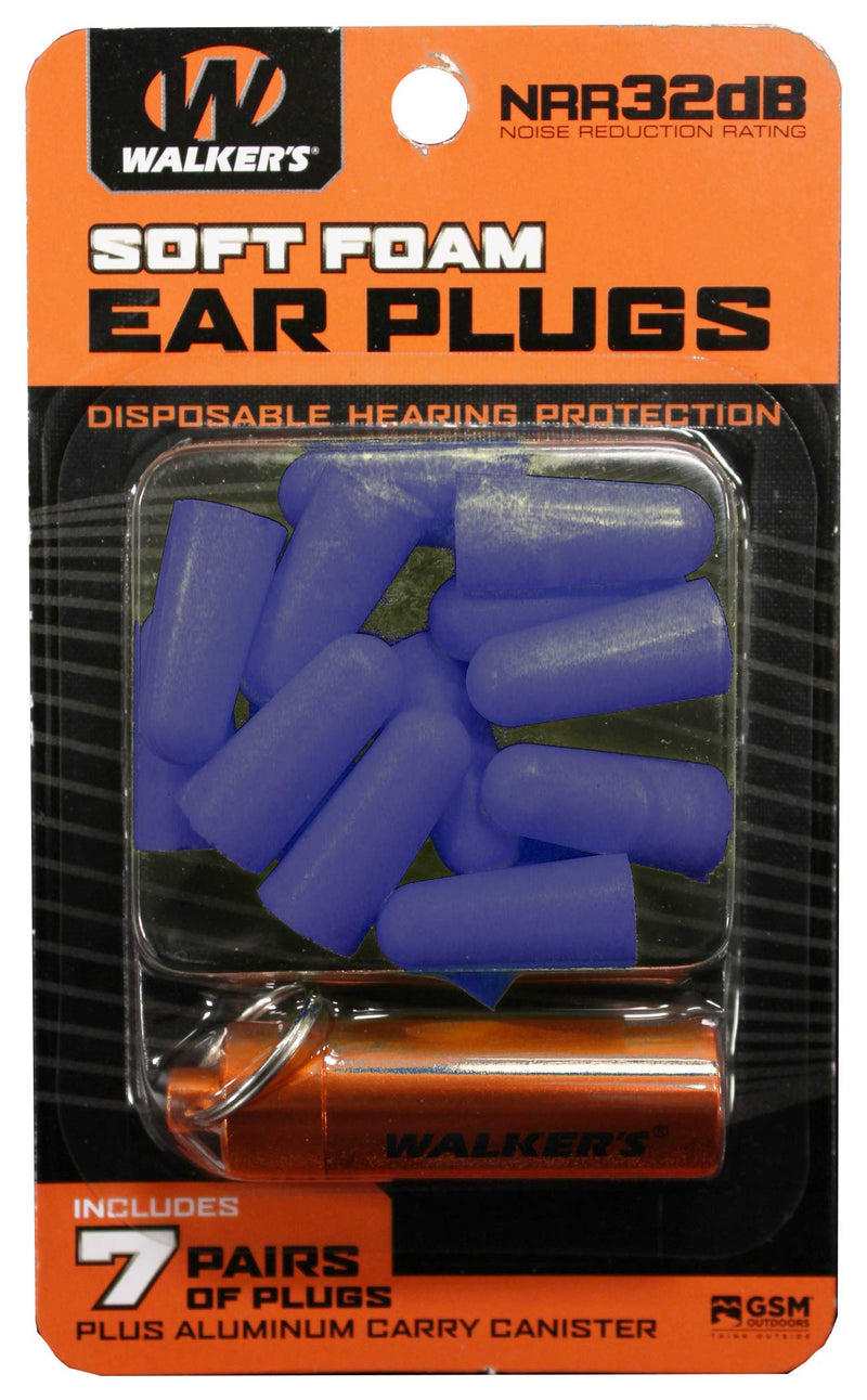 Walker's Soft Foam Disposable Ear Plugs 7 Pair with Metal Carry Canister NRR32 Blue