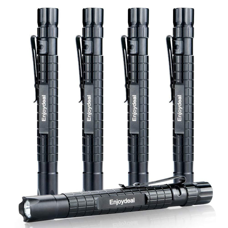 Enjoydeal 5PCS LED Pen Light Flashlight Ultra Slim XP-E R3 1000LM Penlight Waterproof Pocket Flashlight For Indoor Outdoor Inspection Work Repair and Emergency 5.5inch New Black Grid 5.5inch