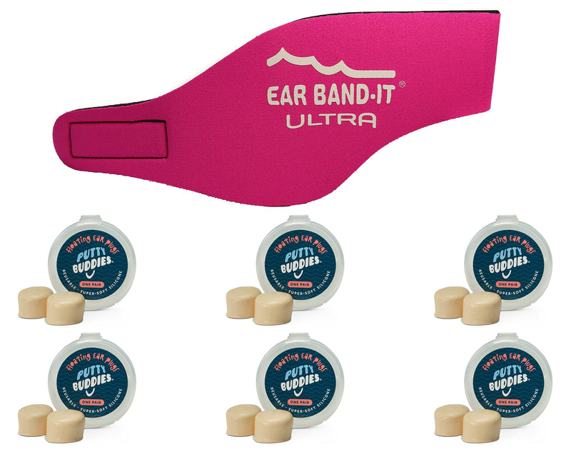 Ear Band-It Ultra Swimming Headband with Putty Buddies earplugs - 6 Pair Soft Silicone Premium Ear Plugs - The Best Swim Headband and Earplugs - Doctor Recommended Hot Pink Large (ages 9yrs to adult)