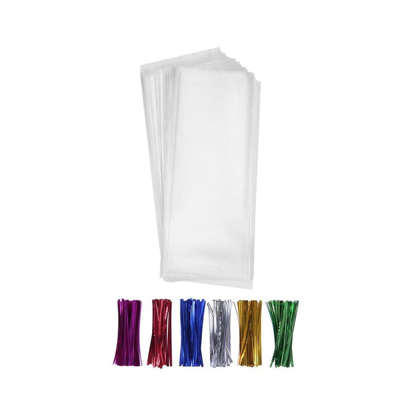 200 Clear Small Long Candy Cello Treat Bags 2x10 with 4" Twist Ties 6 Mix Colors - 1.4mils Thickness OPP Poly Bags for Birthday Favor Candles Pretzel Icy Candy Popsicle (2'' x 10'') 2'' x 10''
