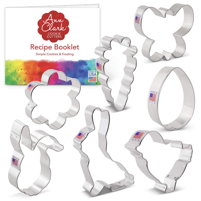 Ann Clark Cookie Cutters 7-Piece Easter Cookie Cutter Set with Recipe Booklet, Egg, Carrot, Bunny, Flower, Chick, Bunny Face and Butterfly