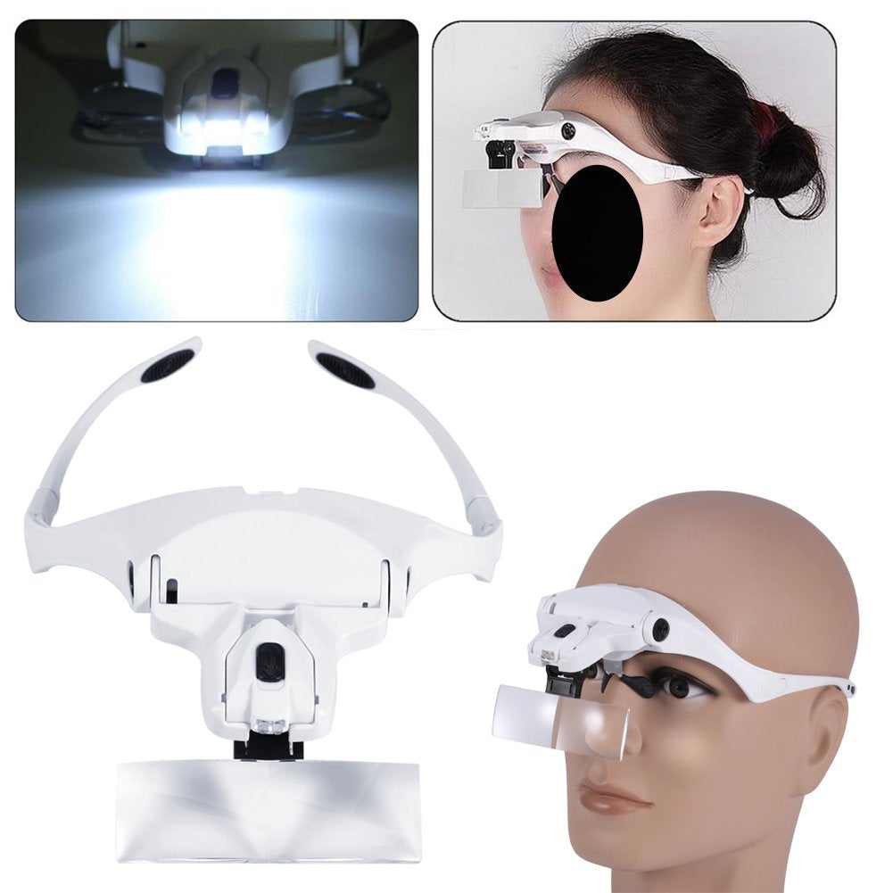 Headband Headset Magnifier, 5 Different Lenses Adjustable Loupe Visor Free Eyeglasses Bracket Interchangeable 2 LED Lights For Eye Lashes Extensions Tool