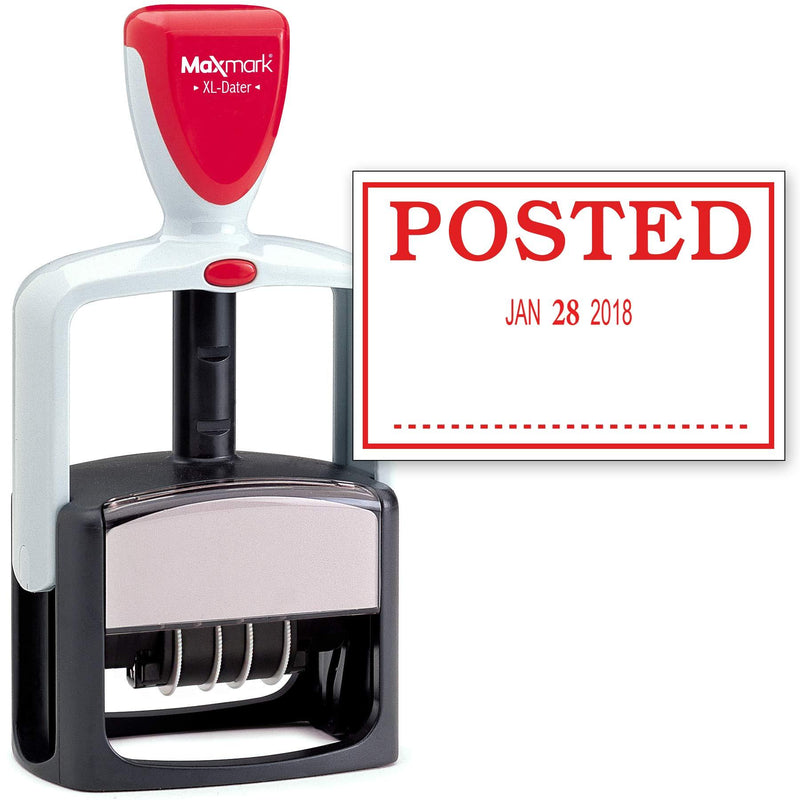 MaxMark Heavy Duty Style Date Stamp with Posted self Inking Stamp - Red Ink