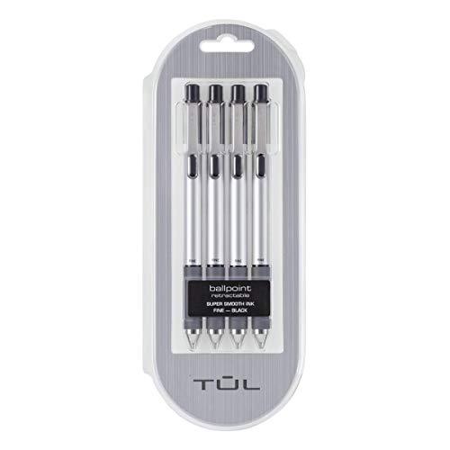 TUL BP3 Ballpoint, Retractable, Fine Point, 0.8 mm, Silver Barrel, Black Ink, Pack of 4